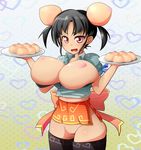  baozi black_hair black_legwear breasts double_bun food heart highres huge_breasts nipples open_mouth original puffy_nipples pussy red_eyes short_hair solo thighhighs thighs tray twintails wakagashira 