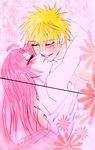  blonde_hair blue_eyes eyes_closed flower green_eyes haruno_sakura haruno_sakura;uzumaki_naruto;naruto;green_eyes;blue_eyes harunokaze holding husband love naruto pink_hair pixiv_thumbnail resized shueisha uzumaki_naruto wife 