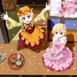  :d aki_minoriko aki_shizuha alternate_color blonde_hair cat cherry_blossoms flower food from_above fruit green_tea hair_flower hair_ornament hat multiple_girls open_mouth outstretched_hand petals red_eyes ruu_(tksymkw) short_hair siblings sisters sitting smile steam strawberry tea touhou tray veranda 