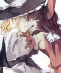  bad_id bad_pixiv_id bare_shoulders blonde_hair bow braid breasts brown_eyes brown_hair crazy detached_sleeves eye_contact from_side hair_tubes hakurei_reimu hand_in_hair hat hat_bow kirisa_(yuki) kirisame_marisa looking_at_another multiple_girls no_bra scared sideboob single_braid small_breasts tears touhou white_background white_bow witch_hat yellow_eyes 
