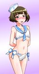  akizuki_ryou arms_behind_back bad_id bad_pixiv_id bikini blush bow bulge collarbone cowboy_shot crossdressing dixie_cup_hat erection erection_under_clothes hat idolmaster idolmaster_dearly_stars male_focus mars_symbol military_hat nagiichi navel open_mouth otoko_no_ko pink_background purple_background sailor_bikini sailor_collar sailor_hat sailor_swimsuit_(idolmaster) simple_background solo standing sweatdrop swimsuit thighhighs 