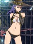 1girl bikini blue_hair breasts detached_sleeves dungeon hat looking_at_viewer majokko_youheidan ponytail prison_cell purple_hair smile solo staff standing swimsuit thigh_gap witch witch_hat 