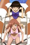  absurdres bikini black_hair blue_eyes breasts brown_hair chiaki_kurihara cleavage collarbone feet from_above glasses hair_ornament hairclip highres hime_cut katou_marika legs long_hair medium_breasts miniskirt_pirates multiple_girls navel non-web_source nyantype official_art one-piece_swimsuit one_eye_closed open_mouth raft scan school_swimsuit side-tie_bikini small_breasts sugimura_tomokazu swimsuit water 