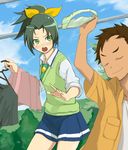  1girl accio bad_id bad_pixiv_id blush bow bow_panties brother_and_sister brown_hair closed_eyes clothes_hanger clothes_theft green_eyes green_hair green_neckwear green_panties hair_bow holding holding_panties laundry midorikawa_keita midorikawa_nao nanairogaoka_middle_school_uniform necktie open_mouth panties panties_removed ponytail precure school_uniform short_hair siblings sleeves_rolled_up smile smile_precure! sparkle sweater_vest theft underwear underwear_theft 