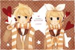  1girl :o aqua_eyes blonde_hair brother_and_sister character_name hair_ornament hairband hairclip headphones heart kagamine_len kagamine_rin mikanniro scarf siblings star striped striped_scarf tongue tongue_out twins v vocaloid 