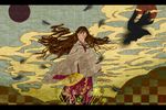  bird cloud clouds crow fan feathers female fern fiddleheads green_hair japanese_clothes kimono moon sky sun 