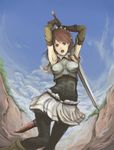  armor armpits attack black_legwear breastplate brown_hair cecily_cambell gloves maid_headdress open_mouth ripu_(vincecarter) seiken_no_blacksmith skirt solo sword thighhighs weapon 