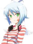  1girl blue_hair character_request green_eyes headphones headphones_around_neck paper_man paw_print pu-chin simple_background solo striped white_background 