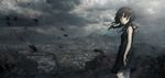  bad_id bad_pixiv_id banned_artist black_dress black_hair building city cityscape cloud cloudy_sky dress hill looking_at_viewer open_mouth original scenery seafh short_hair sky solo yellow_eyes 