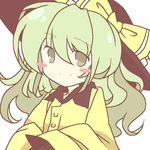  aliasing bad_id bad_pixiv_id black_hat blush_stickers bow eyebrows_visible_through_hair green_hair hat hat_bow komeiji_koishi long_sleeves sato_imo shirt simple_background sleeves_past_wrists smile solo touhou upper_body white_background wide_sleeves yellow_bow yellow_shirt 