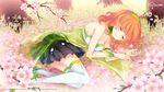  closed_eyes flower highres kddi kumono_coa lying on_side orange_hair petals pleated_skirt see-through shinia short_hair skirt smile solo thighhighs white_legwear zettai_ryouiki 