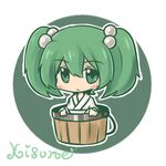  blush_stickers bucket character_name chibi fushigi_ebi green_hair hair_bobbles hair_ornament in_bucket in_container kisume solo touhou twintails wooden_bucket 