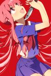  :d bad_id bad_pixiv_id gasai_yuno holding holding_knife knife long_hair manio mirai_nikki open_mouth pink_eyes pink_hair red_background simple_background skirt smile solo tears 