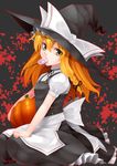  artist_request blonde_hair bow braid candy dress food hair_bow hat hat_bow kirisame_marisa lollipop long_hair mouth_hold pumpkin single_braid solo touhou white_bow witch_hat yellow_eyes 