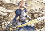  ahoge armor armored_dress artoria_pendragon_(all) bad_anatomy bad_proportions battlefield blonde_hair caliburn dress fate/stay_night fate/zero fate_(series) field_of_blades green_eyes hair_ribbon planted_sword planted_weapon ribbon ripu_(vincecarter) saber serious solo sword weapon 
