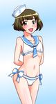  :d akizuki_ryou arms_behind_back bad_id bad_pixiv_id bikini blue_background bow bulge commentary_request cowboy_shot crossdressing dixie_cup_hat hat idolmaster idolmaster_dearly_stars looking_at_viewer male_focus mars_symbol military_hat nagiichi navel open_mouth otoko_no_ko sailor_bikini sailor_collar sailor_hat sailor_swimsuit_(idolmaster) simple_background smile solo standing swimsuit 