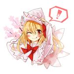  1girl ;q bad_id bad_pixiv_id blonde_hair blush bow brown_eyes capelet chapa cherry_blossoms face hand_on_own_head highres lily_white long_hair one_eye_closed red_eyes simple_background solo tongue tongue_out touhou 