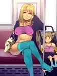  age_difference bag blonde_hair blue_legwear breasts child covered_nipples crossed_legs cutoffs gyaru hair_ribbon handbag high_heels jewelry large_breasts lipstick long_hair makeup mature mizuryuu_kei mother_and_daughter multiple_girls necklace no_bra open_mouth original ribbon shoes sitting stroller subway thighhighs train_interior twintails yellow_eyes 