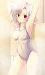  alternate_color areolae arms_behind_head arms_up asics breasts competition_swimsuit copyright_request covered_nipples hizuki_aki md5_mismatch medium_breasts one-piece_swimsuit red_eyes short_hair showering silver_hair smile solo swimsuit 