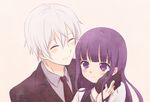  1girl black_gloves blush closed_eyes couple gloves hetero ica inu_x_boku_ss long_hair miketsukami_soushi necktie purple_eyes purple_hair shirakiin_ririchiyo short_hair smile white_hair 