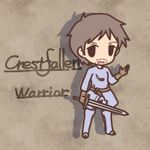  1boy :d bad_id bad_pixiv_id brown_background brown_hair character_name chibi crestfallen_warrior dark_souls facial_hair fushigi_ebi gloves holding male_focus open_mouth shadow smile solid_oval_eyes solo souls_(from_software) sword weapon 