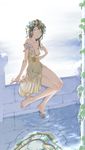  bad_id bad_pixiv_id bare_legs barefoot blue_eyes breasts brown_hair cleavage dress flower hair_flower hair_ornament highres light_smile long_hair looking_at_viewer medium_breasts no_panties off_shoulder original ripples satou_kou sitting soaking_feet solo water 