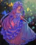  acrylic_paint_(medium) adapted_costume ama-tou bare_shoulders crescent dress dress_lift floating floating_object gem gloves hair_ribbon hat lights long_hair looking_back patchouli_knowledge purple_dress purple_eyes purple_hair ribbon smile solo striped striped_dress touhou traditional_media 