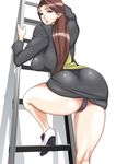  1girl ace_attorney ayasato_chihiro breasts brown_hair capcom dress earrings gyakuten_saiban jewelry ladder large_breasts legs long_hair minidress moyashipan panties pantyshot scarf short_dress thighs underwear white_shoes 