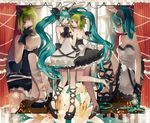  animal_ears aqua_eyes aqua_hair bad_id bad_pixiv_id bare_shoulders bunny_ears dress flower gloves green_hair gumi hatsune_miku high_heels holding_hands kemonomimi_mode long_hair multiple_girls open_mouth red_eyes ribbon shoes short_hair sitting sleeveless sleeveless_dress smile tsukioka_tsukiho twintails vocaloid 