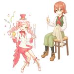  2girls bad_id bad_pixiv_id baton brown_eyes drill_hair glasses harvest_moon harvest_moon:_a_new_beginning hat holding_needle michelle_(harvest_moon) multiple_girls needle one_eye_closed pantyhose pink_hair red_eyes red_hair sewing twintails yuri_(harvest_moon) 