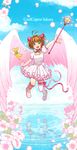  bad_id bad_pixiv_id brown_hair cardcaptor_sakura choker citron_82 copyright_name dress green_eyes highres hoshi_no_tsue kero kinomoto_sakura petals pink_choker reflection short_hair star star_choker wand water wings 