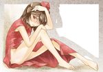  abo_(hechouchou) alternate_costume bare_legs barefoot blush brown_hair china_dress chinese_clothes dress hair_over_one_eye hand_on_own_head hat looking_at_viewer no_panties red_eyes shameimaru_aya short_hair side_slit silhouette sitting smile solo tokin_hat touhou 