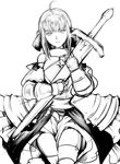  ahoge armor armored_dress artoria_pendragon_(all) bare_shoulders bow detached_sleeves dress fate/stay_night fate/unlimited_codes fate_(series) gauntlets greyscale hair_bow monochrome ponytail saber saber_lily sheath sheathed solo sword thighhighs tori_(driftwood) weapon 