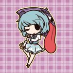  1girl ;p bad_id bad_pixiv_id blue_hair chibi dress fushigi_ebi geta holding karakasa_obake one_eye_closed outline plaid plaid_background purple_umbrella solid_oval_eyes solo tatara_kogasa tongue tongue_out touhou umbrella 