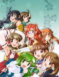  ano_natsu_de_matteru araragi_karen araragi_tsukihi armpits black_hair blue_eyes brown_hair crossover glasses green_eyes green_hair hair_tubes hakurei_reimu jacket kochiya_sanae long_hair long_sleeves miyanaga_saki mizuki_hitoshi monogatari_(series) multiple_girls nisemonogatari open_mouth ponytail red_hair saki saki_achiga-hen season_connection seigaiha short_hair side_ponytail takakamo_shizuno takatsuki_ichika touhou track_jacket v yamano_remon yellow_eyes 