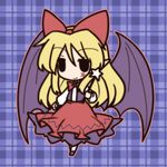  1girl bad_id bad_pixiv_id blonde_hair chibi dress elis_(touhou) fushigi_ebi long_hair outline plaid plaid_background smile solo star touhou touhou_(pc-98) wings 