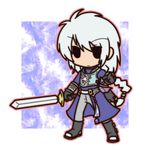  1boy bad_id bad_pixiv_id boots braid chibi fushigi_ebi gloves knee_boots long_hair male_focus silver_hair solid_oval_eyes solo sword tales_of_(series) tales_of_rebirth veigue_lungberg weapon 