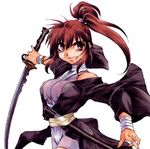  bandages bare_shoulders brown_eyes brown_hair halterneck japanese_clothes katana kimono leotard long_hair mitsurugi_ryouko off_shoulder official_art pinky_out ponytail real_bout_high_school sash scabbard sheath solo sword weapon 