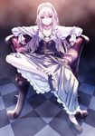  belt blonde_hair blue_eyes bra chair checkered checkered_floor feet_on_chair flat_chest full_body hairband jewelry light_smile long_hair multiple_belts necklace original outstretched_arms rezi sitting smile solo spread_arms triple_wielding underwear 