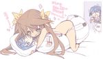  1girl bad_id bad_pixiv_id blade_(galaxist) blush brown_hair cuddling dakimakura_(object) fang green_eyes huang_lingyin infinite_stratos orimura_ichika pillow pillow_hug translated twintails underwear underwear_only 