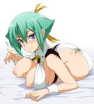  aquarion_(series) aquarion_evol ass ass_cutout bare_shoulders bed_sheet blush breasts butt_crack dimples_of_venus green_hair heart inue_shinsuke large_breasts looking_at_viewer lying midriff nipples on_stomach open_clothes puffy_nipples purple_eyes short_hair short_shorts shorts skindentation smile solo translated wrist_cuffs zessica_wong 