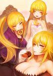  bakemonogatari bare_shoulders blonde_hair breasts cleavage doughnut elbow_gloves fang food gloves kiss-shot_acerola-orion_heart-under-blade large_breasts long_hair monogatari_(series) mouth_hold multiple_girls multiple_persona open_mouth oshino_shinobu side_ponytail smile teenage yaoya_musuko yellow_eyes younger 
