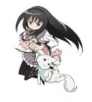  :3 akemi_homura bad_id bad_pixiv_id black_hair hairband holding konnota kyubey mahou_shoujo_madoka_magica pantyhose purple_eyes red_eyes sweat white_background 