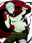  cape evoker grey_eyes grey_hair gun male_focus muscle mushisotisis persona persona_3 persona_4:_the_ultimate_in_mayonaka_arena sanada_akihiko scar shirtless simple_background smile solo weapon 