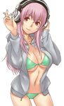  bikini breasts gus_(clarkii) head_tilt headphones hood hoodie jacket long_hair looking_at_viewer medium_breasts navel nitroplus pink_eyes simple_background smile solo super_sonico swimsuit underboob white_background 