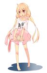  barefoot blonde_hair blush clothes_writing collarbone futaba_anzu holding idolmaster idolmaster_cinderella_girls long_hair no_pants off_shoulder open_mouth plus9 red_eyes shirt solo stuffed_animal stuffed_toy t-shirt twintails you_work_you_lose 