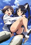  absurdres black_hair brown_hair cloud day hattori_shizuka highres legs long_hair miyafuji_yoshika multiple_girls non-web_source nyantype official_art open_mouth ponytail scan school_swimsuit school_uniform serafuku shimizu_yuusuke short_hair sky strike_witches striker_unit swimsuit swimsuit_under_clothes tail very_long_hair world_witches_series 