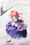  breasts cleavage covered_nipples large_breasts looking_at_viewer mirino onozuka_komachi red_eyes red_hair scythe short_hair smile solo touhou 