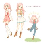  1girl animal_print bad_id bad_pixiv_id cow_print dress green_eyes harvest_moon harvest_moon:_a_new_beginning overalls pink_hair pouch rio_(harvest_moon) striped thighhighs vest 