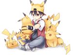  :3 baseball_cap black_hair full_body gen_1_pokemon hat hat_with_ears male_focus maruki_(punchiki) o3o pikachu pokemon pokemon_(creature) pokemon_(game) pokemon_rgby red_(pokemon) red_eyes sitting too_many too_many_pikachu 